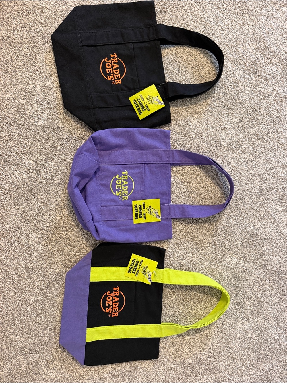 Trader Joe’s small trick or treat canvas tote bags - Purple Black Green